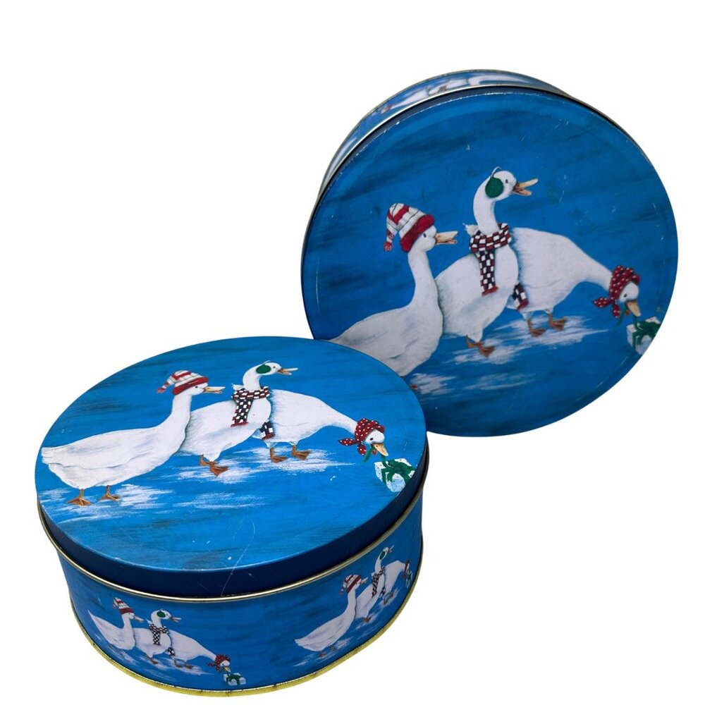 Winter Goose Cookie Tins Round Blue Holiday Geese On Ice Set of 2 Nesting